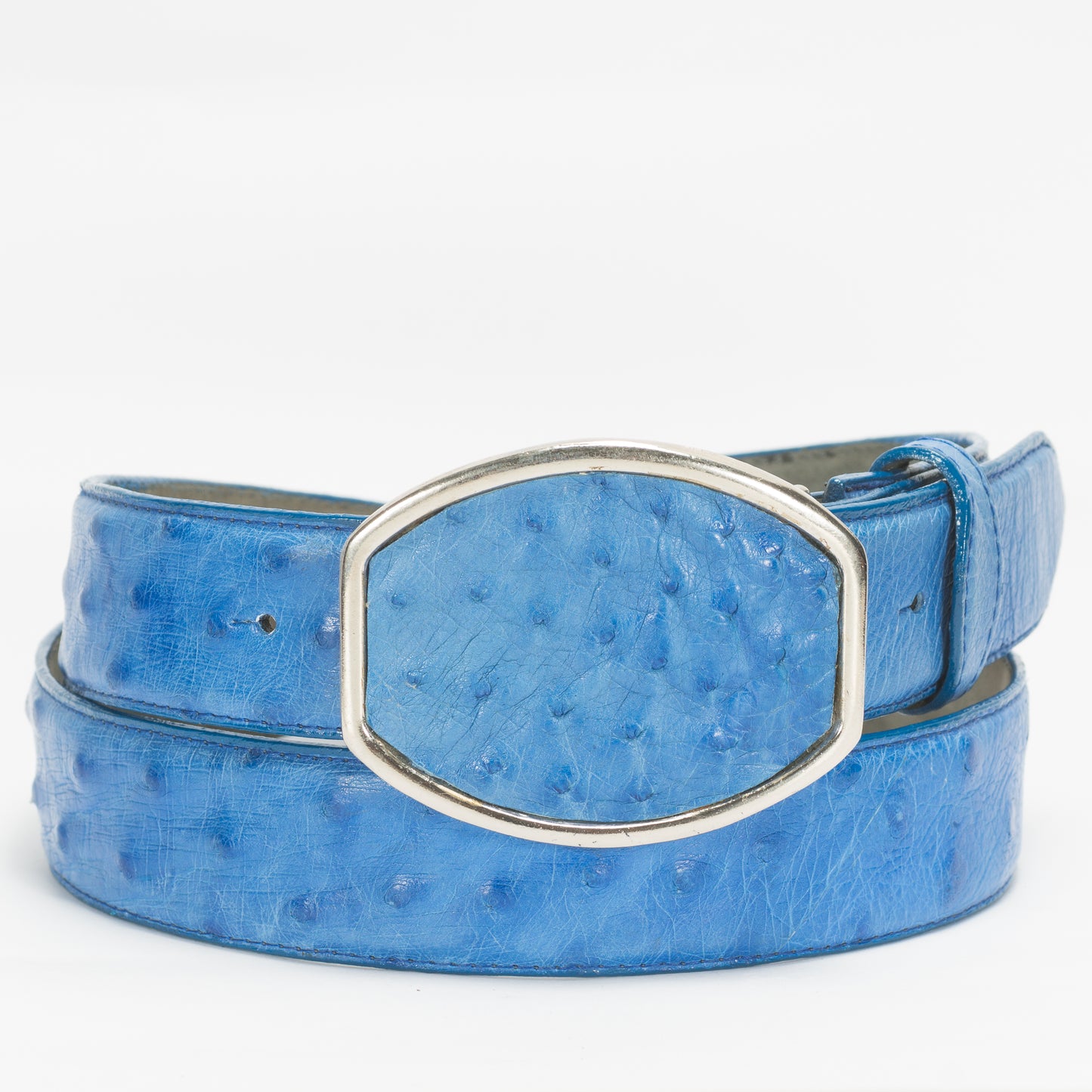 Cinturón Casual Caballero As Glam Piel Exótica Avestruz Premium Color Azul Forro Piel Bovino