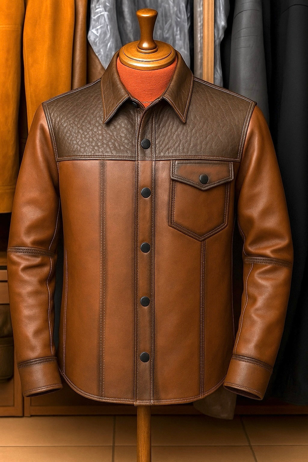 Chamarra para caballero en piel de borrego pelibuey con cuello de toro